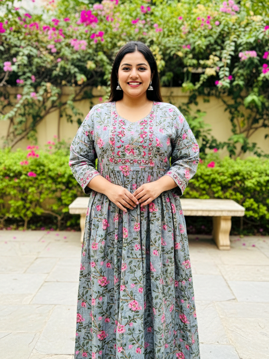 Grey Cotton Comfort Plus-Size Gathered Ethnic Dress