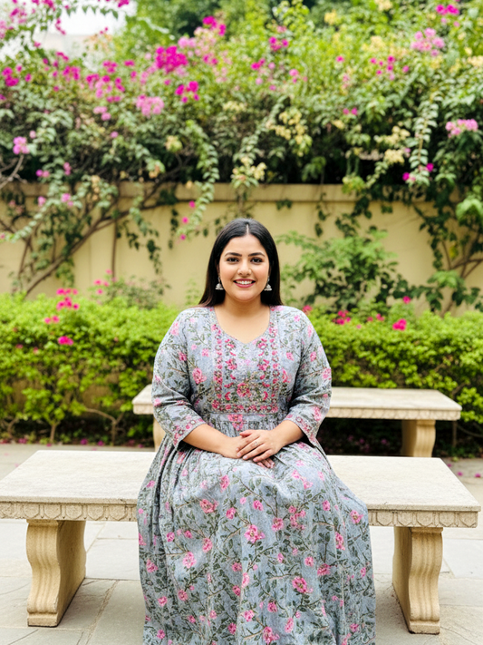 Grey Cotton Comfort Plus-Size Gathered Ethnic Dress