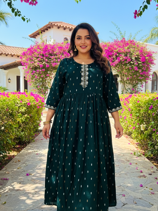 Green Celebration-Ready Anarkali Dress with Contrast Print
