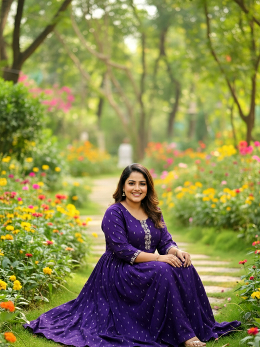 Purple Celebration-Ready Anarkali Dress with Contrast Print