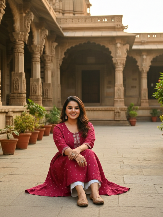 Red Celebration-Ready Anarkali Dress with Contrast Print