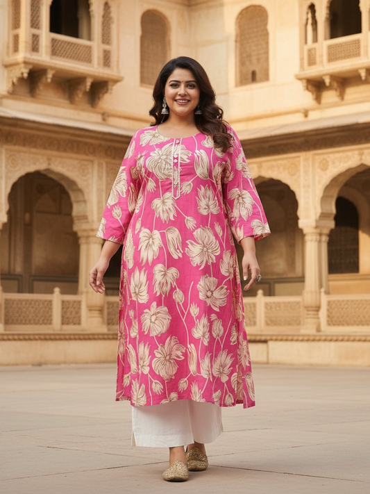 Vibrant Floral Print Straight Plus-Size Kurta