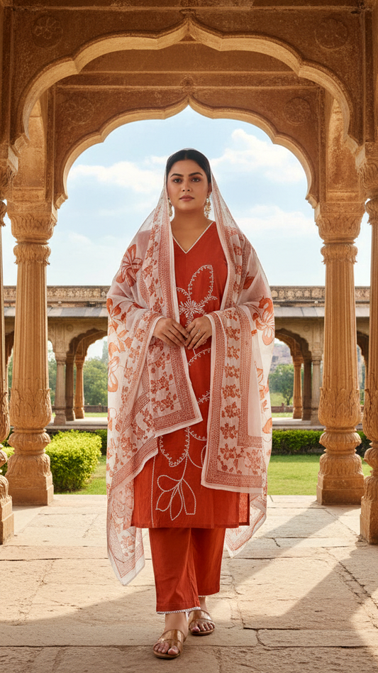 Terracotta Orange Solid Cotton Kurta Set with White Embroidered Motif and Printed Dupatta