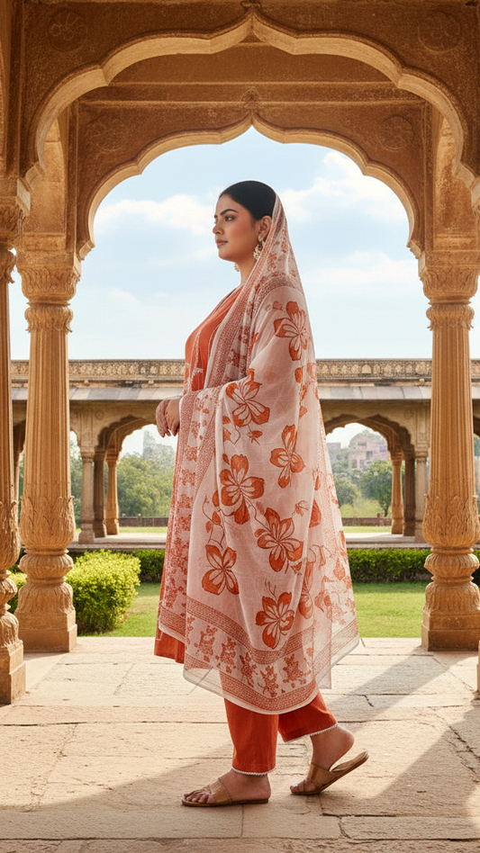 Terracotta Orange Solid Cotton Kurta Set with White Embroidered Motif and Printed Dupatta