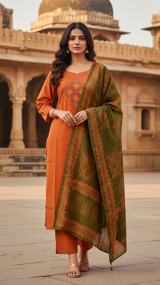 Chic Burnt Orange & Olive Green Kurta Set with Diamond Embroidered Yoke and Block Print Dupatta
