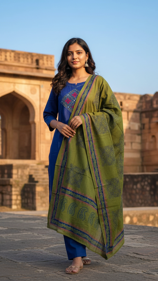 Royal Blue Cotton Kurta Set with Contrast Embroidered Yoke and Olive Green Khadi Print Dupatta