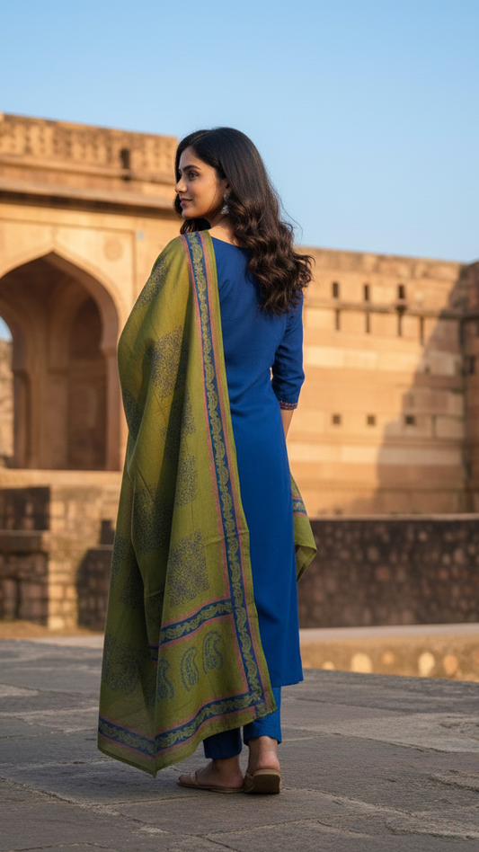 Royal Blue Cotton Kurta Set with Contrast Embroidered Yoke and Olive Green Khadi Print Dupatta