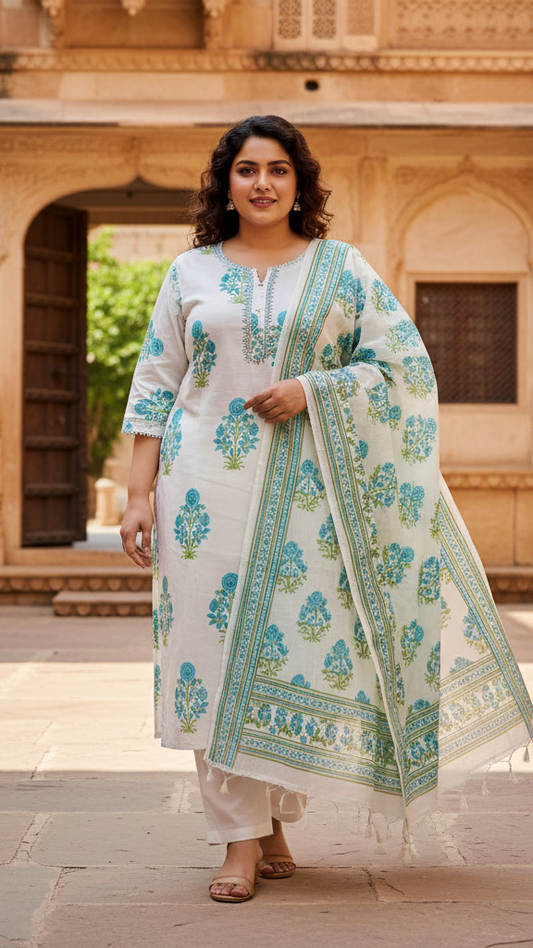 Fresh White & Aqua Blue Floral Block Print Cotton Kurta Set with Tassel Dupatta