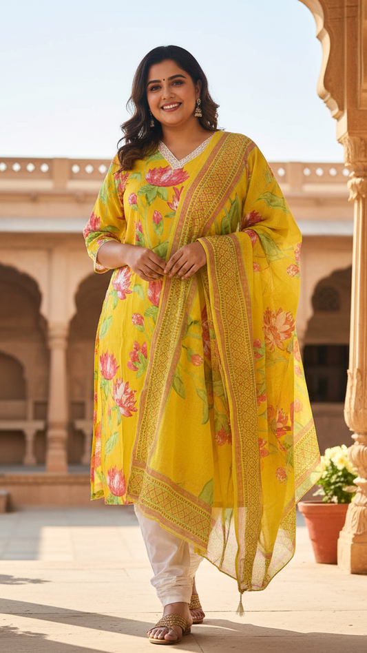 Sunny Yellow Floral Printed Rayon Kurta Set with Pink Lotus Print and White Contrast Trousers