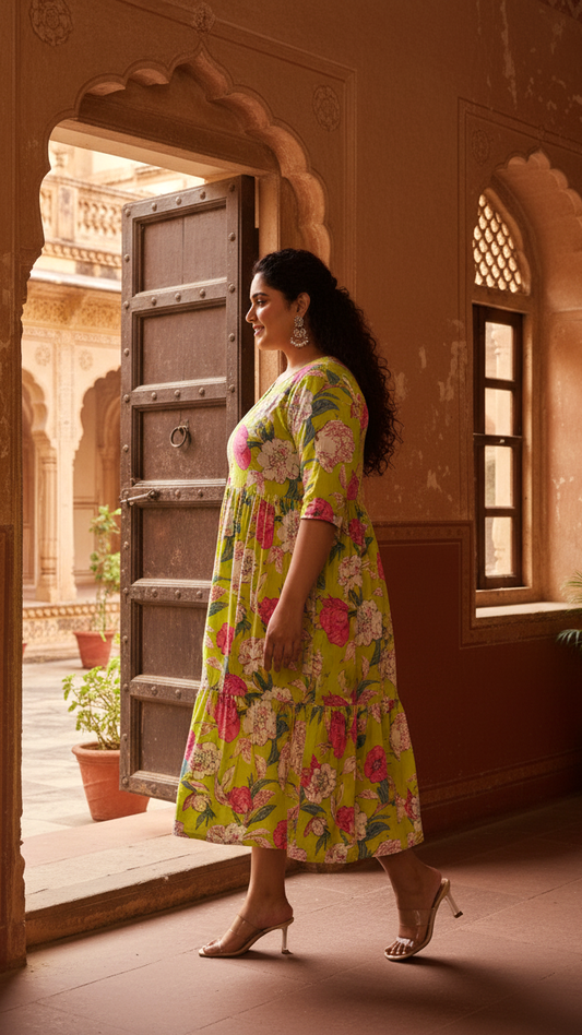 Plus Size Lime Green Tiered Floral Print Midi Dress