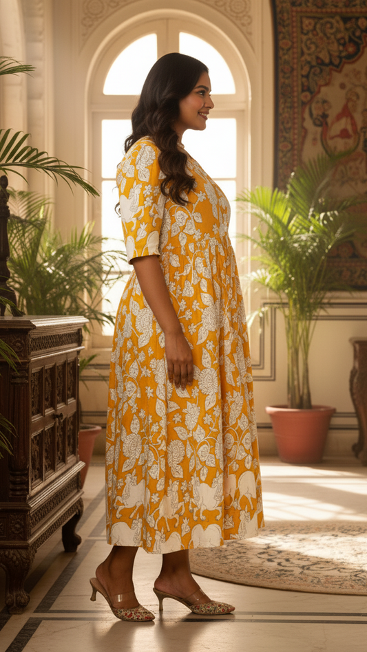 Mustard Yellow Animal Motif Plus Size Long Tunic Dress