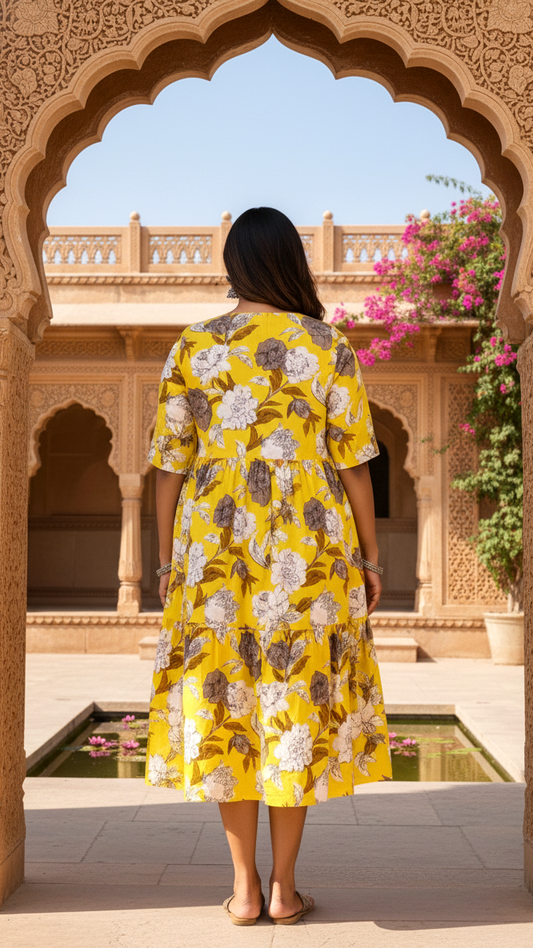 Plus Size Sunny Yellow Floral Gathers Cotton Dress