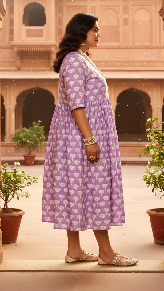 Lavender Tree Motif Plus Size V-Neck Cotton Dress