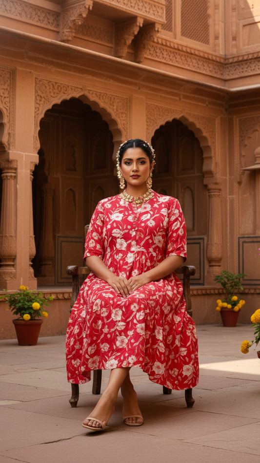 Plus Size Bright Red & White All-over Floral Midi Dress