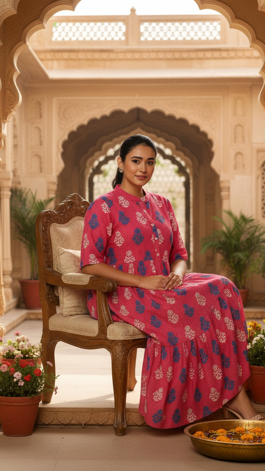 Rani Pink Block Print Plus Size Tiered Dress with Mandarin Collar