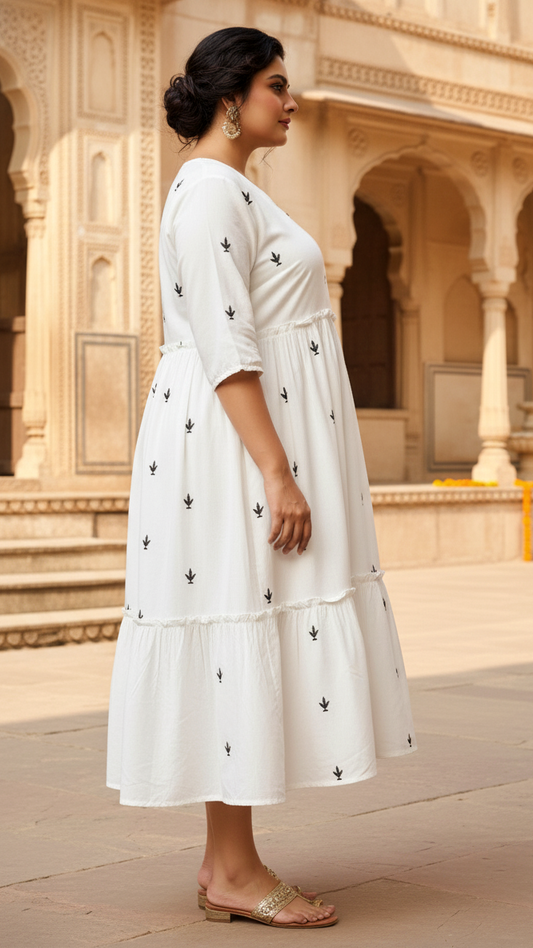 Plus Size White Embroidered Gown Style Tiered Dress