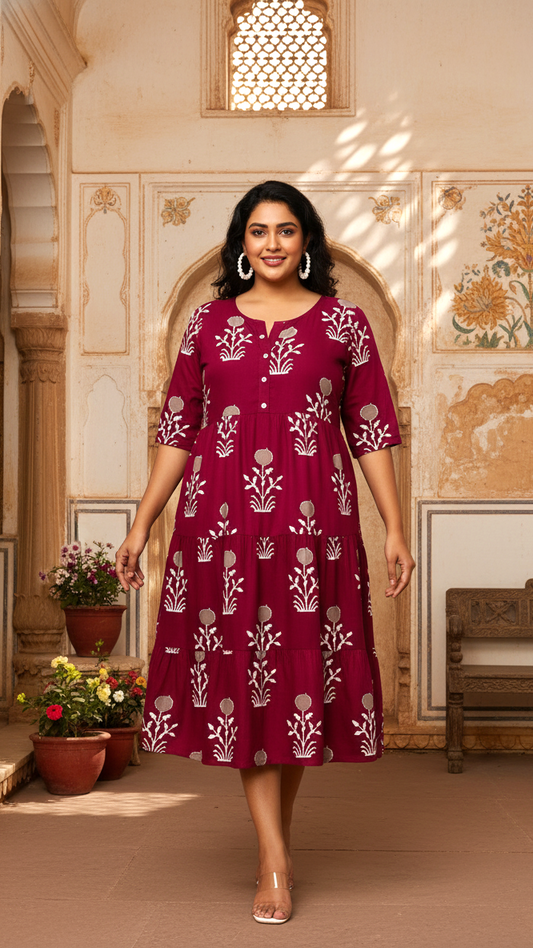 Deep Maroon Floral Print Plus Size Tiered Tunic Dress