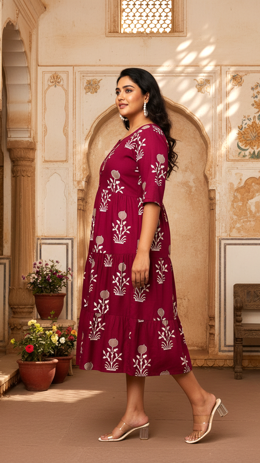 Deep Maroon Floral Print Plus Size Tiered Tunic Dress