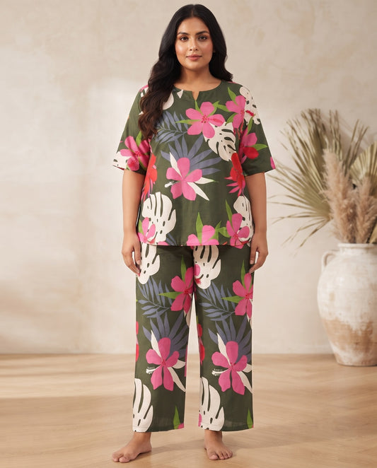 Olive Green Tropical Floral Cotton Co-ord Set