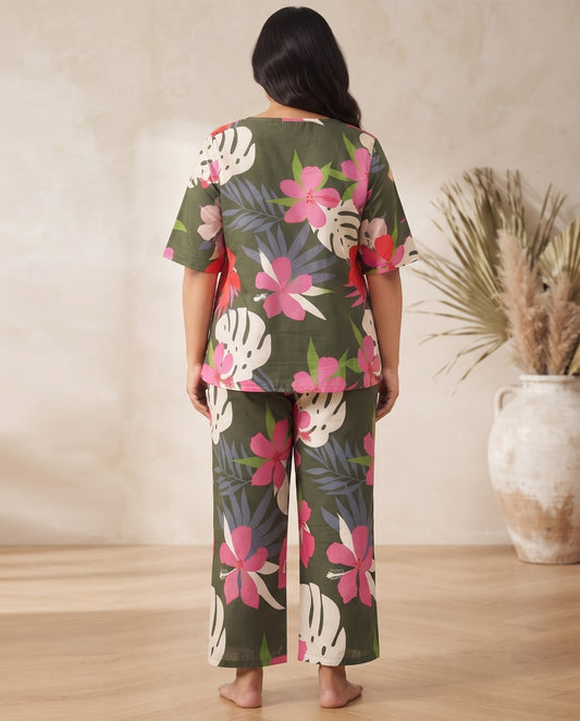Olive Green Tropical Floral Cotton Co-ord Set