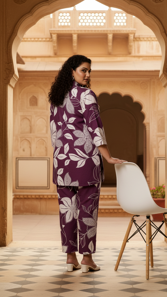 Comfort Fit Plum Colour Block Print Co-ord Set