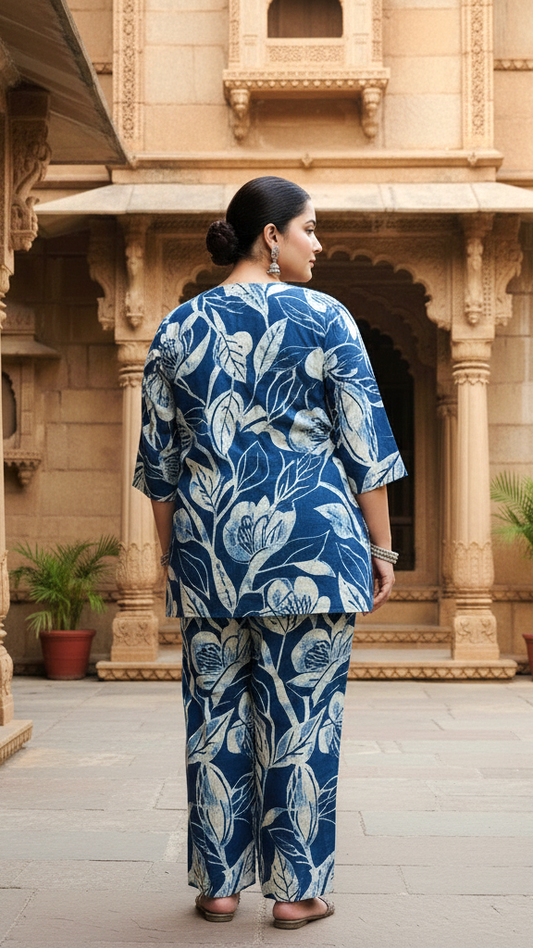 Plus Size Blue Leaf Print Cotton Co-ord Set – Stylish and Comfortable Ethnic Wear for Women