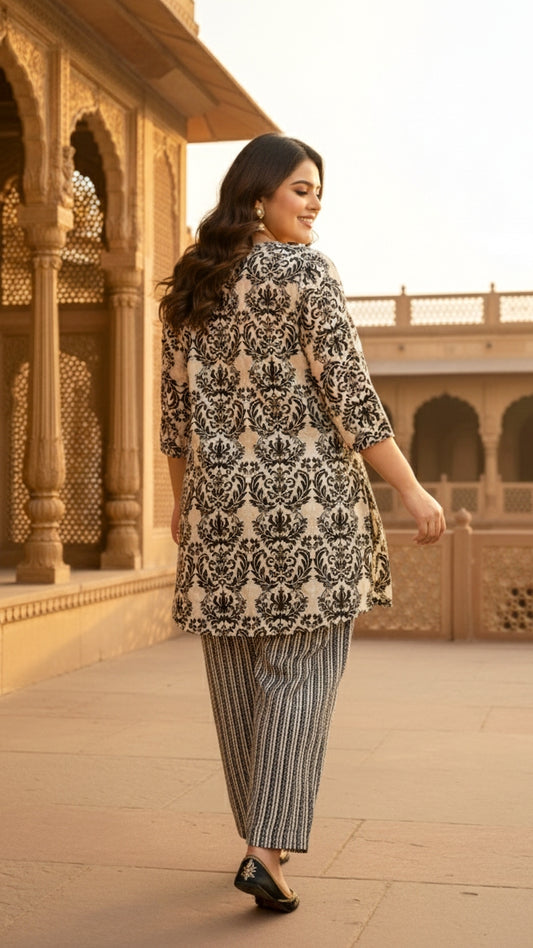 Plus Size Beige Printed Cotton Co-ord Set – Comfortable Everyday Wear for Women