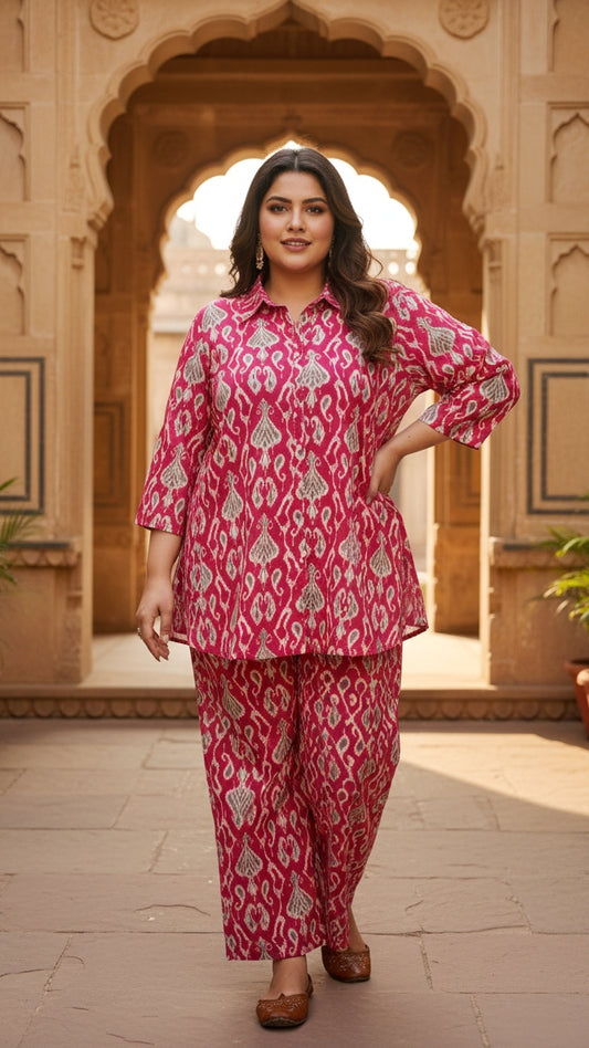 Plus Size Pink Printed Cotton Co-ord Set – Comfortable Everyday Wear for Women