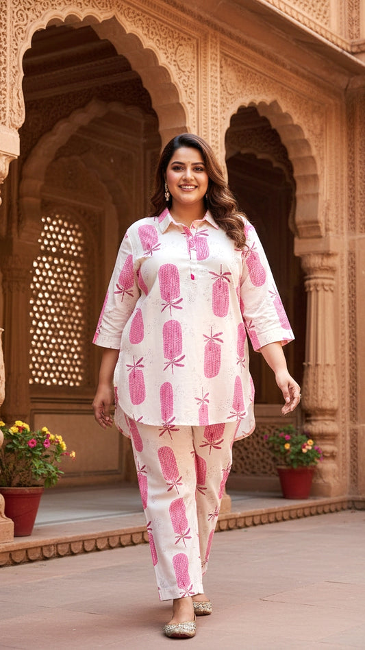 Plus Size White & Pink Printed Cotton Co-ord Set – Comfortable Everyday Wear for Women