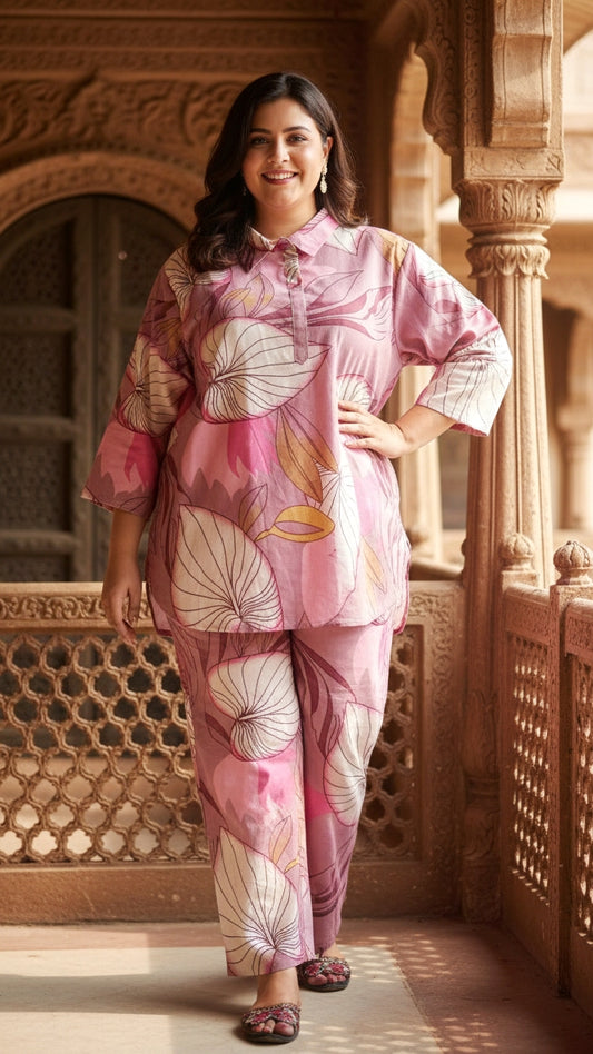 Plus Size Pink Printed Cotton Co-ord Set – Comfortable Everyday Wear for Women