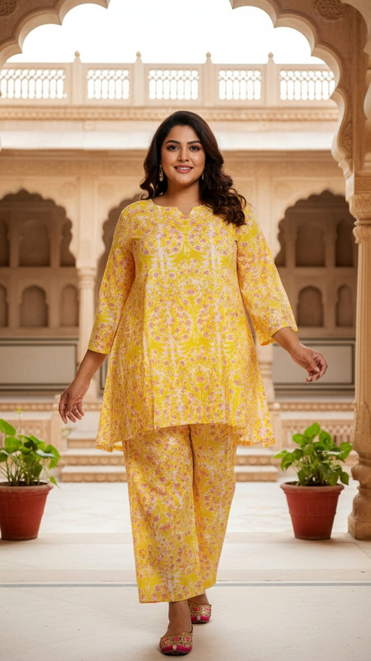 Plus Size Yellow Printed Cotton Co-ord Set – Comfortable Everyday Wear for Women