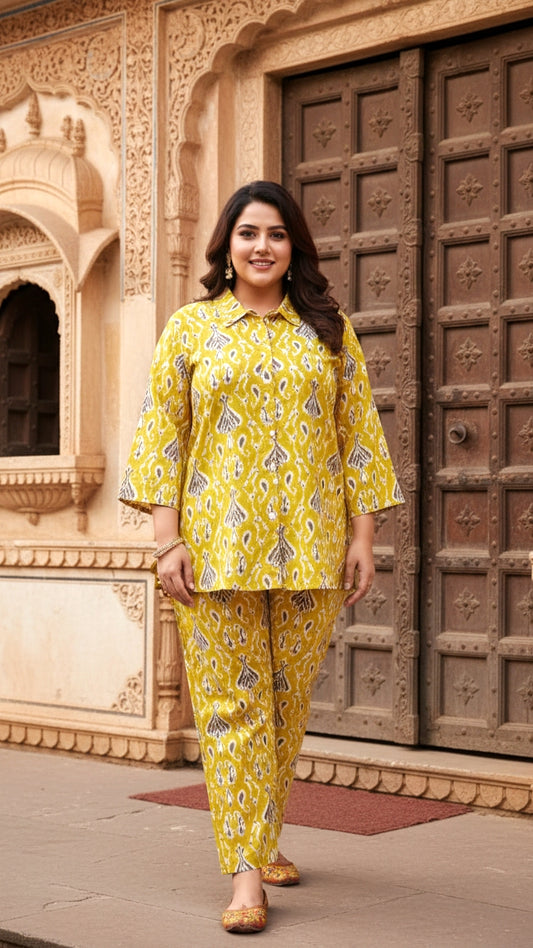 Plus Size Mustard Printed Cotton Co-ord Set – Comfortable Everyday Wear for Women
