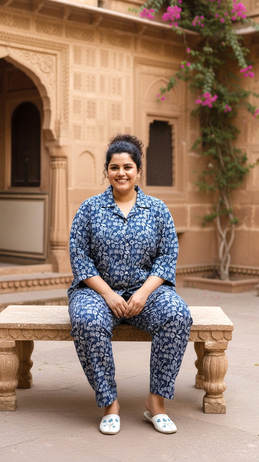 Plus Size Blue Floral Printed Cotton Co-ord Set – Comfortable Everyday Wear for Women