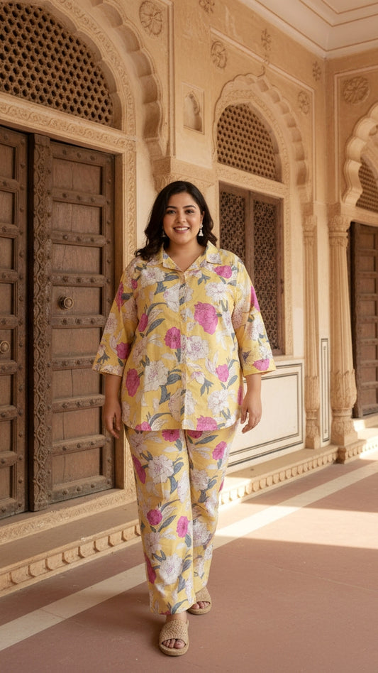 Plus Size Yellow Pink Floral Cotton Co-ord Set – Comfortable Everyday Wear for Women
