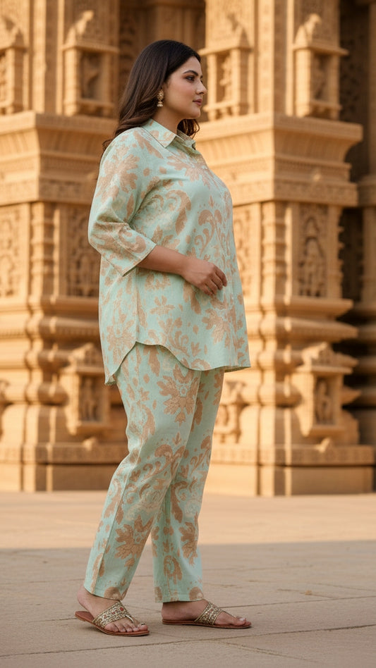 Plus Size Ikat Sage Mint Cotton Co-ord Set – Comfortable Everyday Wear for Women