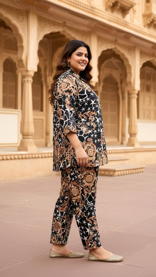 Plus Size Black Abstract Cotton Co-ord Set – Comfortable Everyday Wear for Women