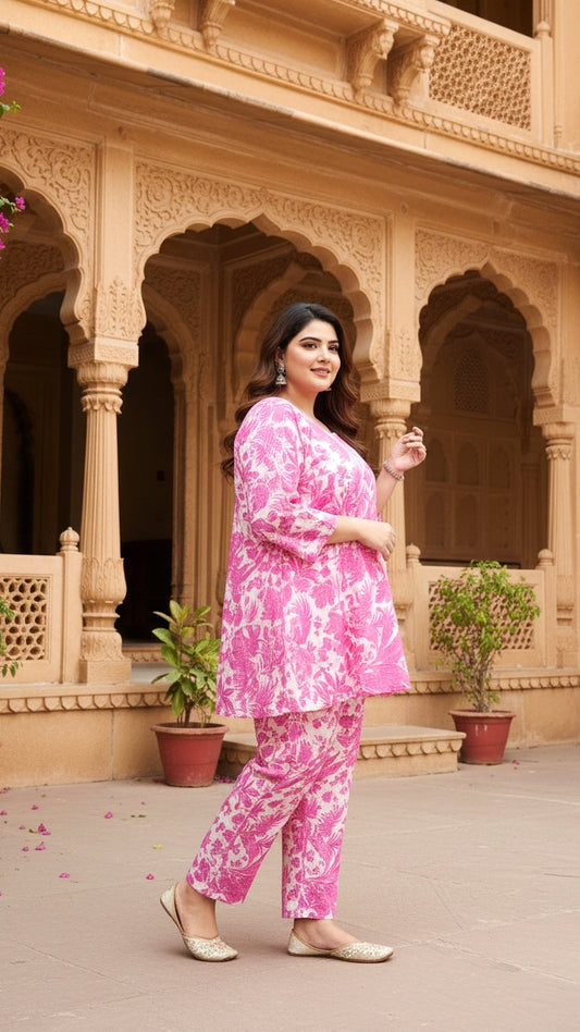 Plus Size Pink Jungle Cotton Co-ord Set – Comfortable Everyday Wear for Women