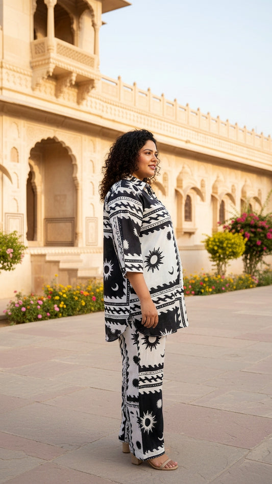 Plus Size Black Abstract Cotton Co-ord Set – Comfortable Everyday Wear for Women