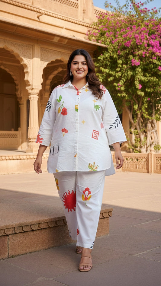 Plus Size White Fun Cotton Co-ord Set – Comfortable Everyday Wear for Women