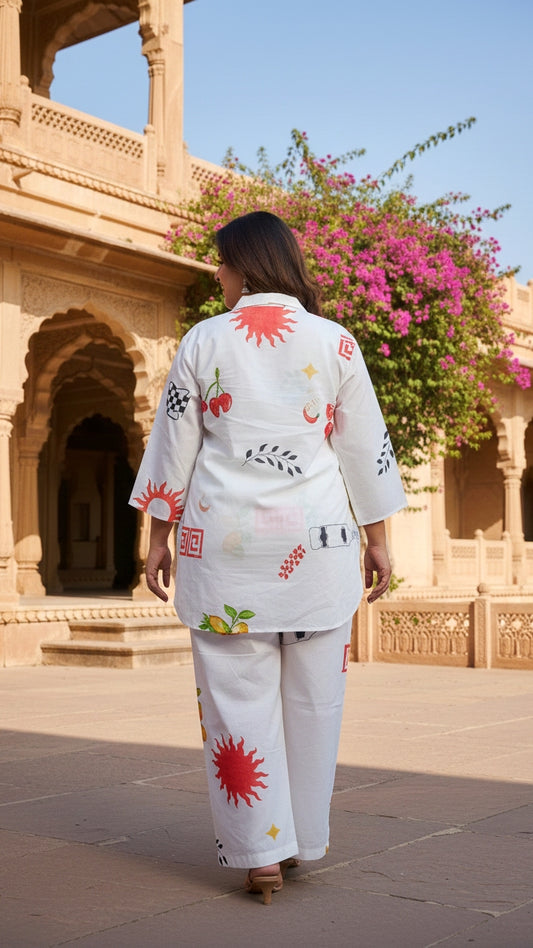 Plus Size White Fun Cotton Co-ord Set – Comfortable Everyday Wear for Women