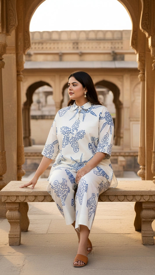 Plus Size Blue & White Cotton Co-ord Set – Comfortable Everyday Wear for Women