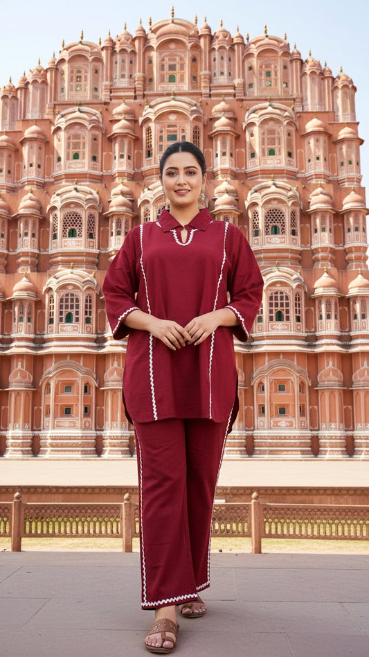 Plus Size Solid Red Cotton Co-ord Set – Comfortable Everyday Wear for Women