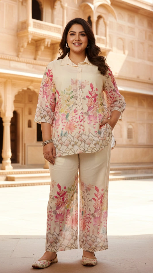 Plus Size Beige Jungle Cotton Co-ord Set – Comfortable Everyday Wear for Women