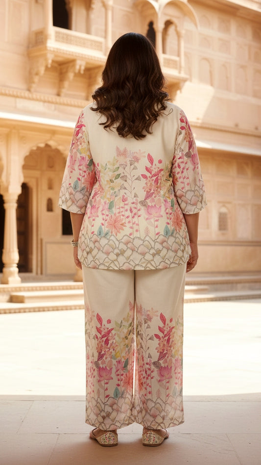 Plus Size Beige Jungle Cotton Co-ord Set – Comfortable Everyday Wear for Women