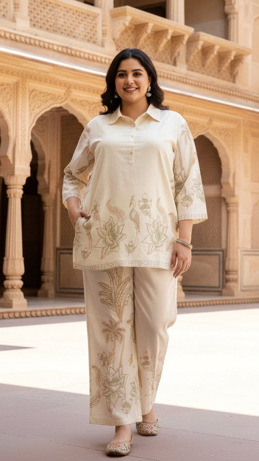 Plus Size Beige Ethnic Cotton Co-ord Set – Comfortable Everyday Wear for Women
