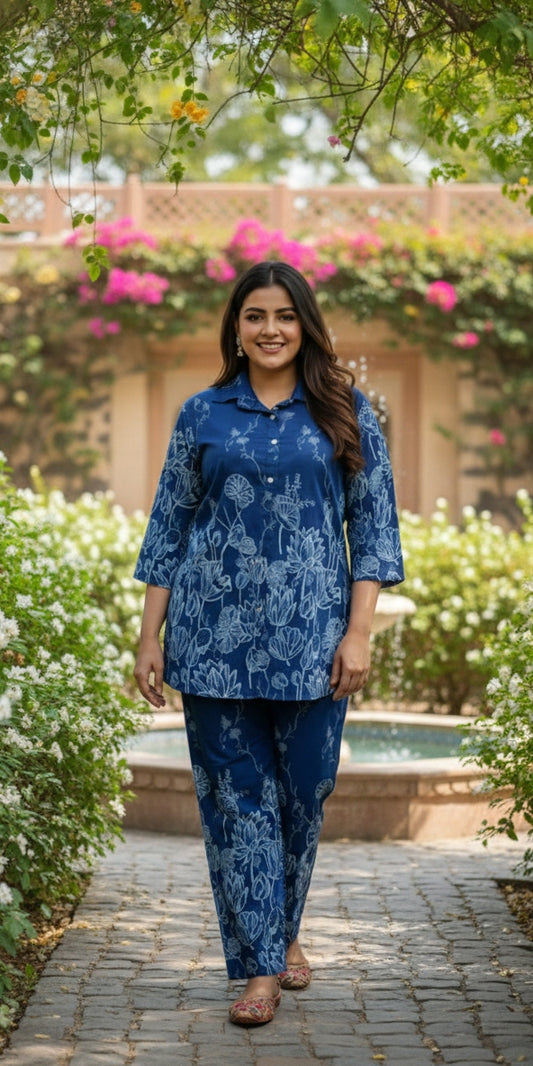 Plus Size Indigo Cotton Co-ord Set – Comfortable Party Wear for Women