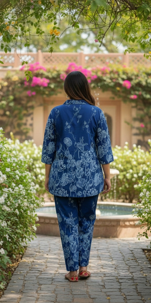 Plus Size Indigo Cotton Co-ord Set – Comfortable Party Wear for Women