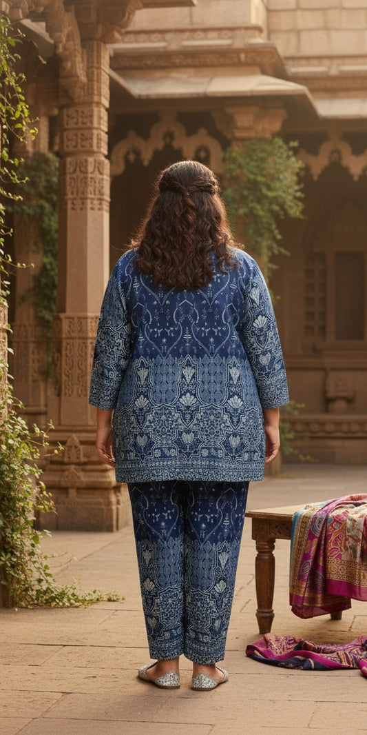 Plus Size Indigo Cotton Co-ord Set – Comfortable Party Wear for Women