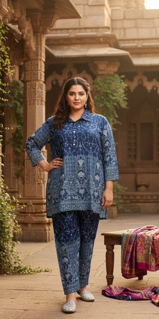 Plus Size Indigo Cotton Co-ord Set – Comfortable Party Wear for Women