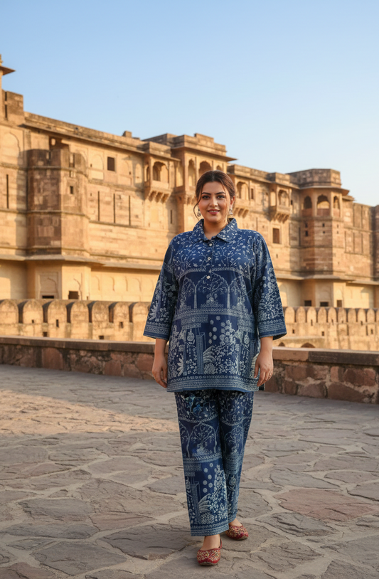 Plus Size Indigo Cotton Co-ord Set – Comfortable Party Wear for Women
